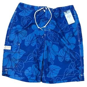 Chaps Mens Swim Shorts M Hibiscus Pockets Blue Mesh Lined Waist 32 In